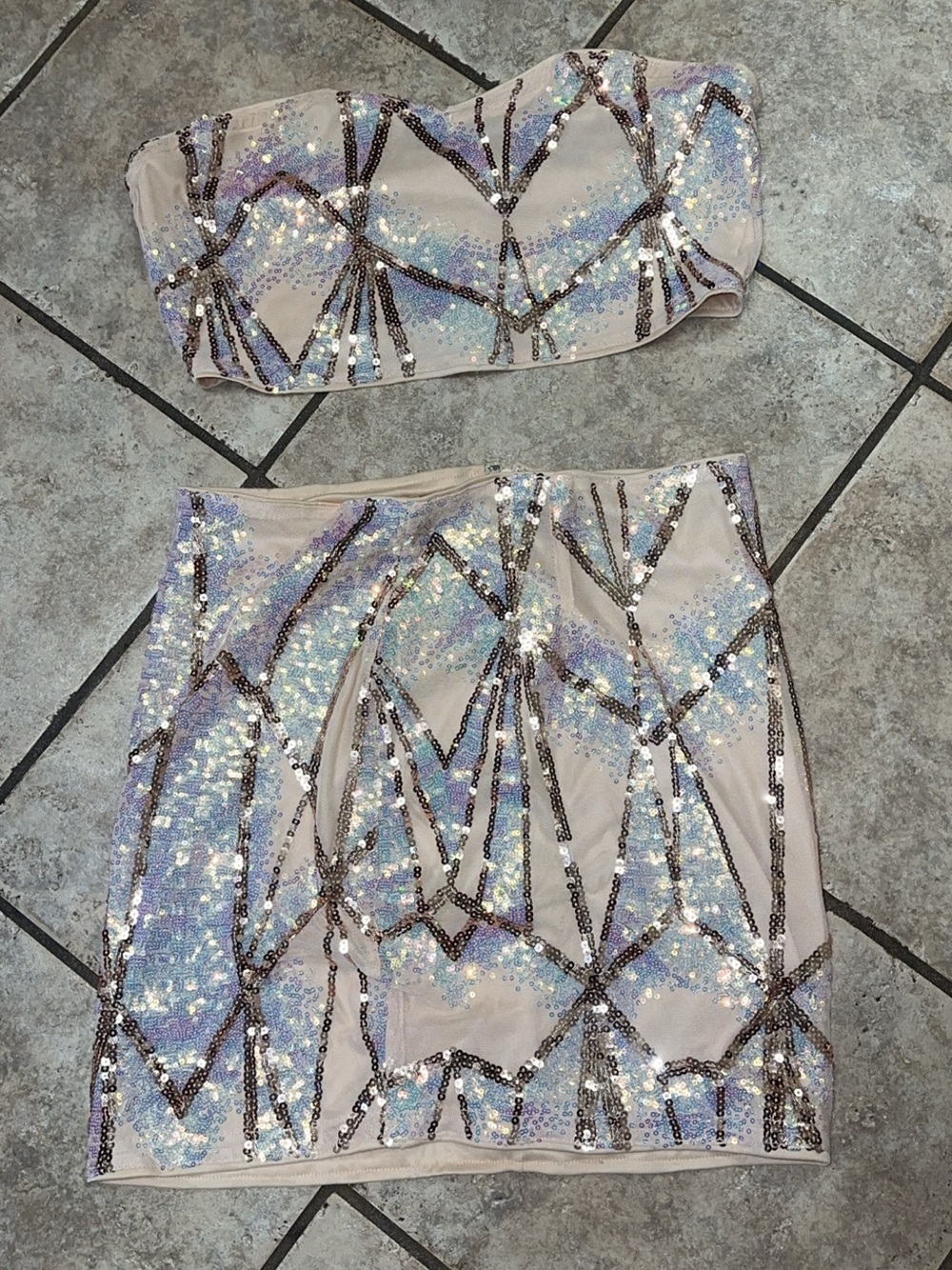 SHEIN Nude Sequin Geometric Two-Piece Mini Set